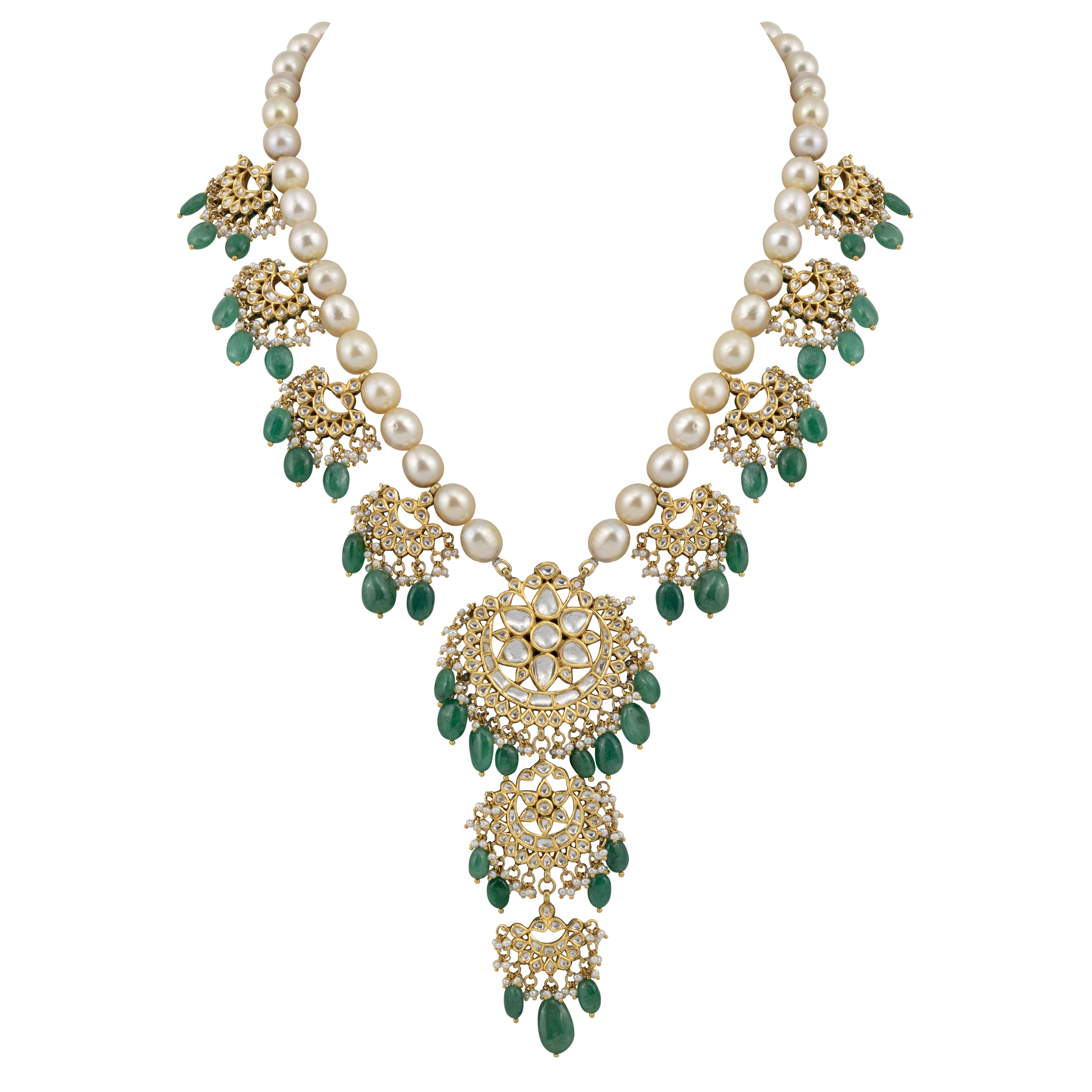 Pearl Chandbali Necklace with Emerald Drops